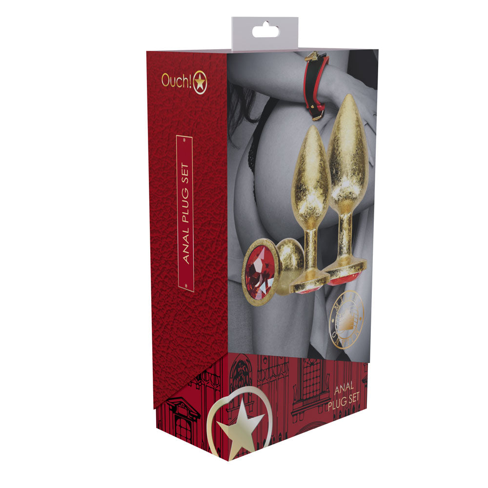 OUCH! Metal Anal Plug Set - Gold Butt Plugs with Gem Bases - Set of 3 Sizes