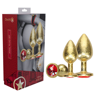 OUCH! Metal Anal Plug Set - Gold Butt Plugs with Gem Bases - Set of 3 Sizes