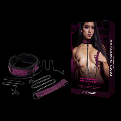 WhipSmart Dragons Lair Collar, Leash & Nipple Clips Set - /Black Restraints